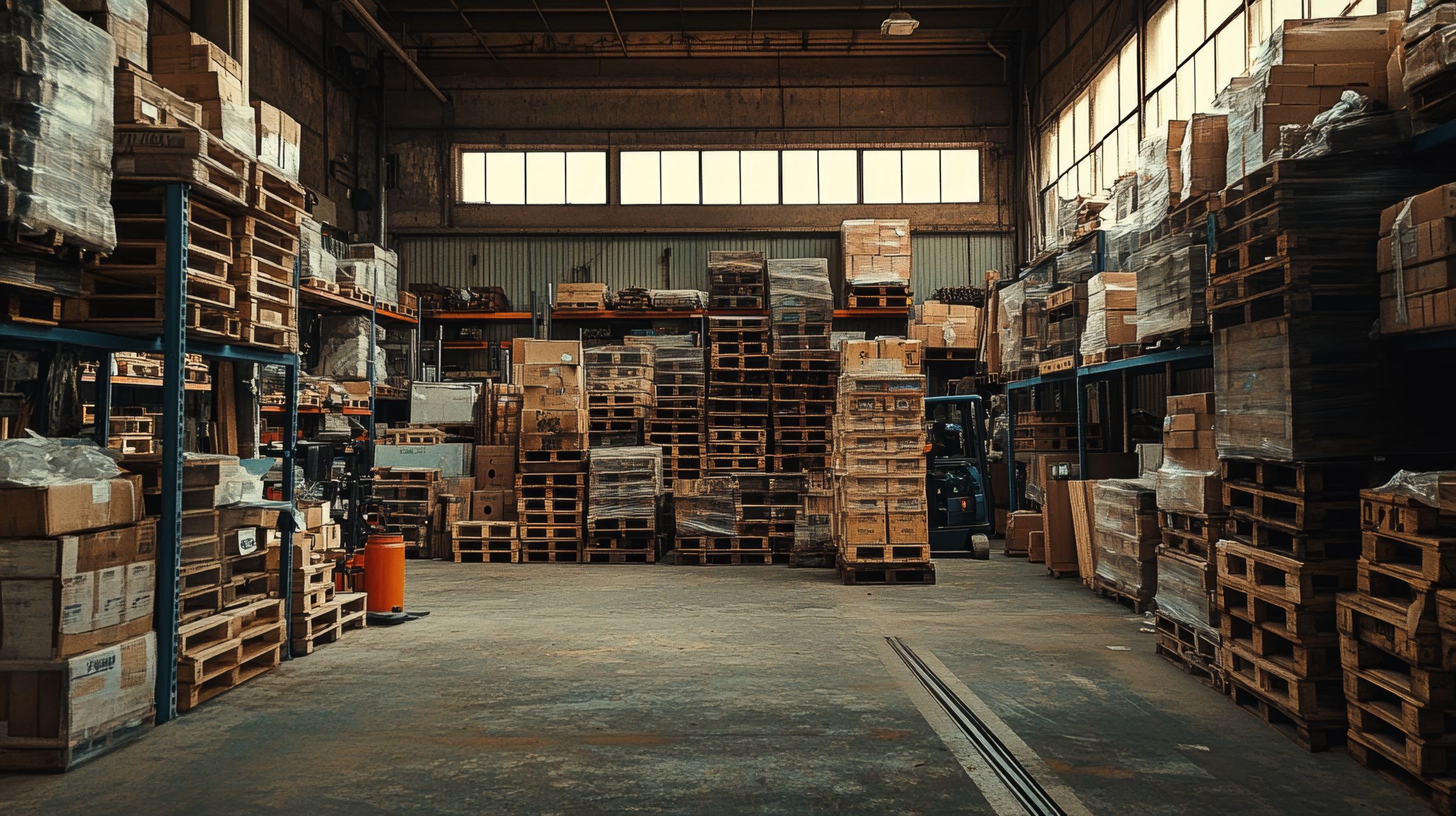 Cluttered warehouse floor stacked with pallets