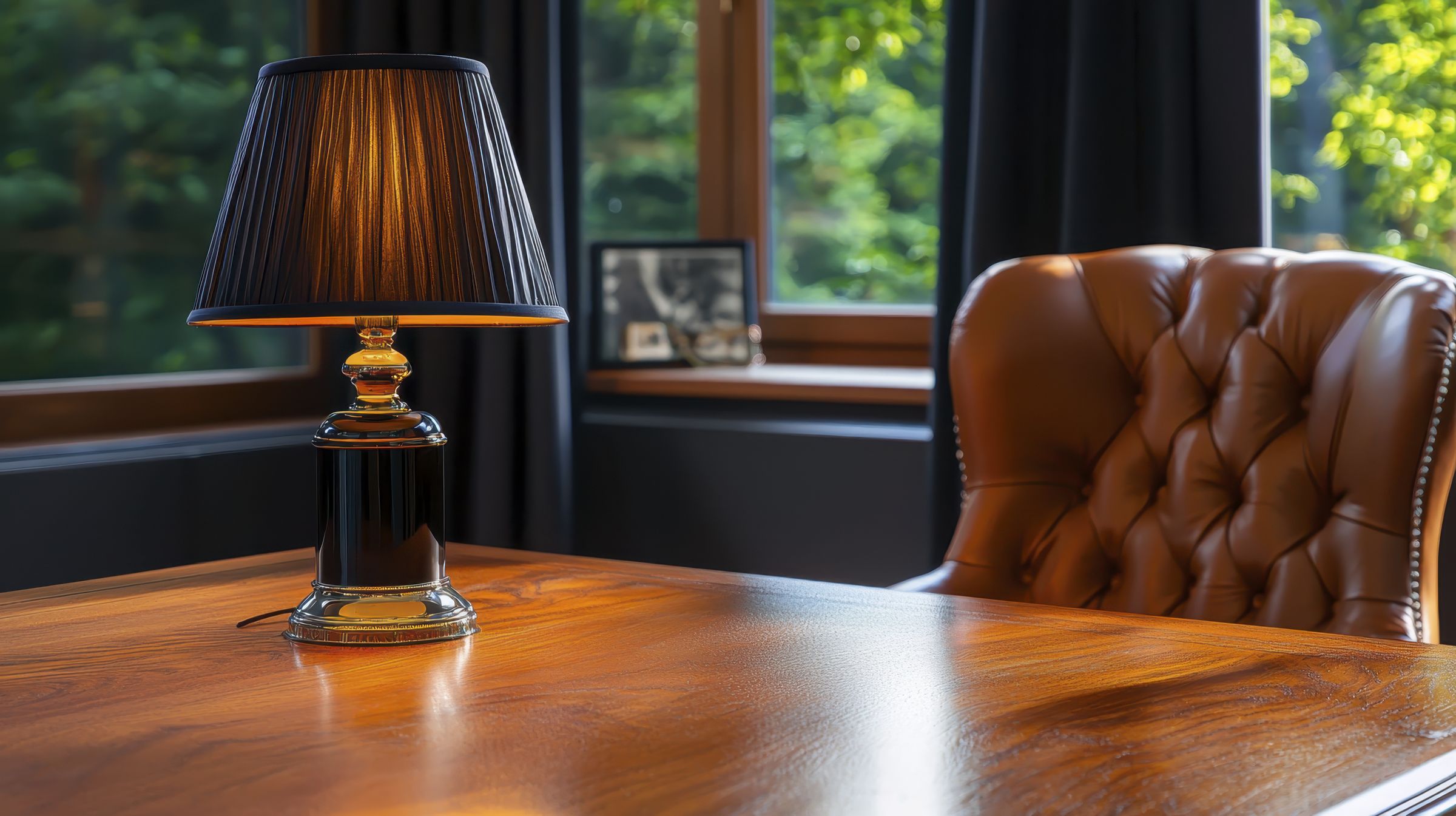 Empty leather chair at a desk by a window