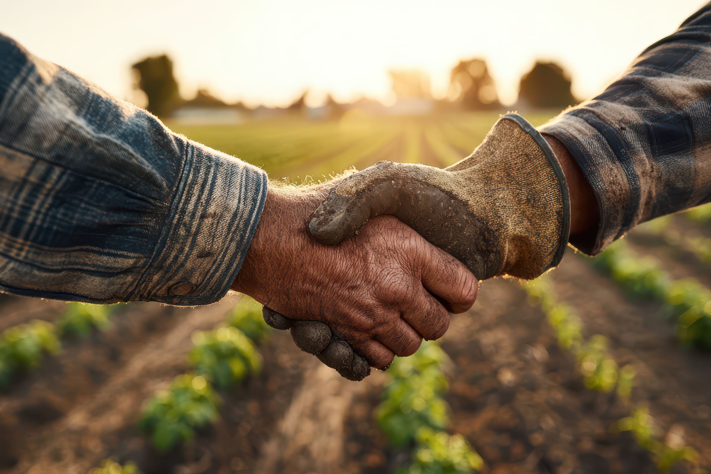Handshake in a farm field at sunset