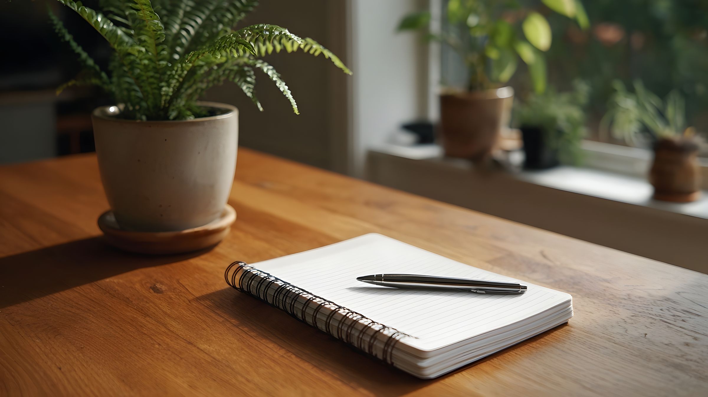 Notebook and pen on a wooden table by a window