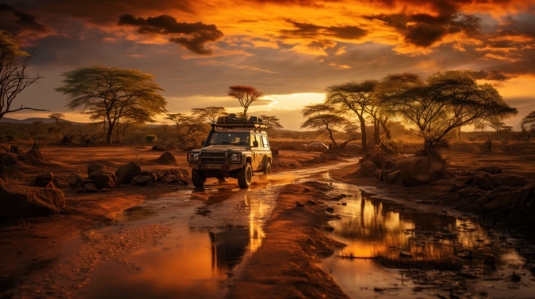 Leopard tortoise crossing the trail beside an expedition vehicle