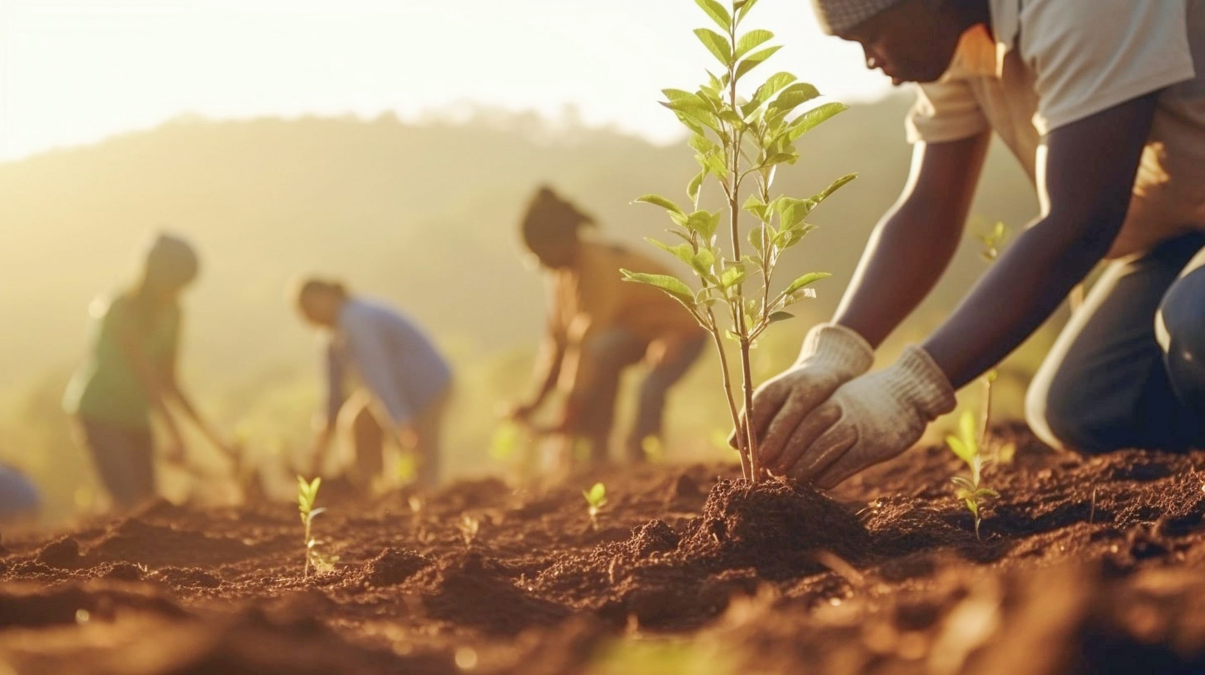 People planting tree seedlings at golden hour