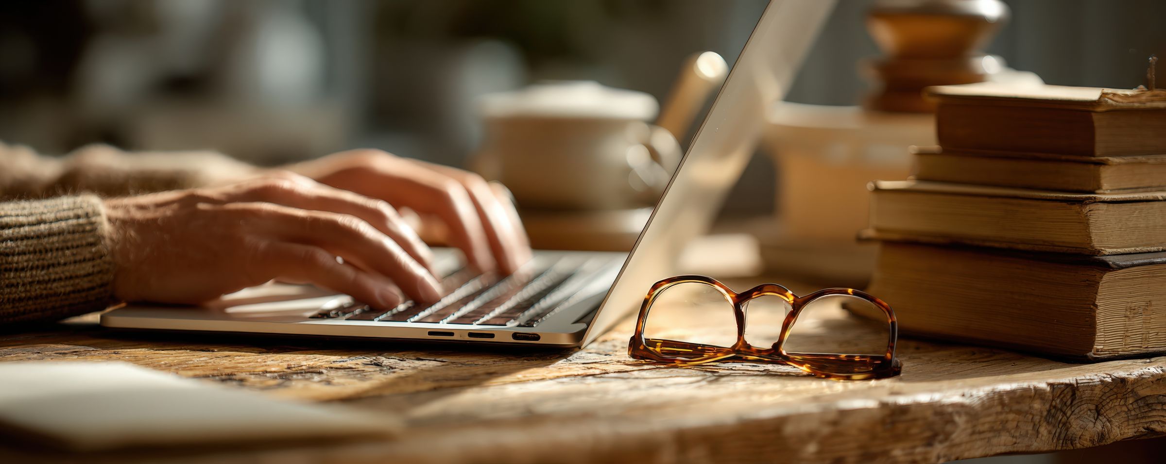 Hands typing on a laptop beside reading glasses