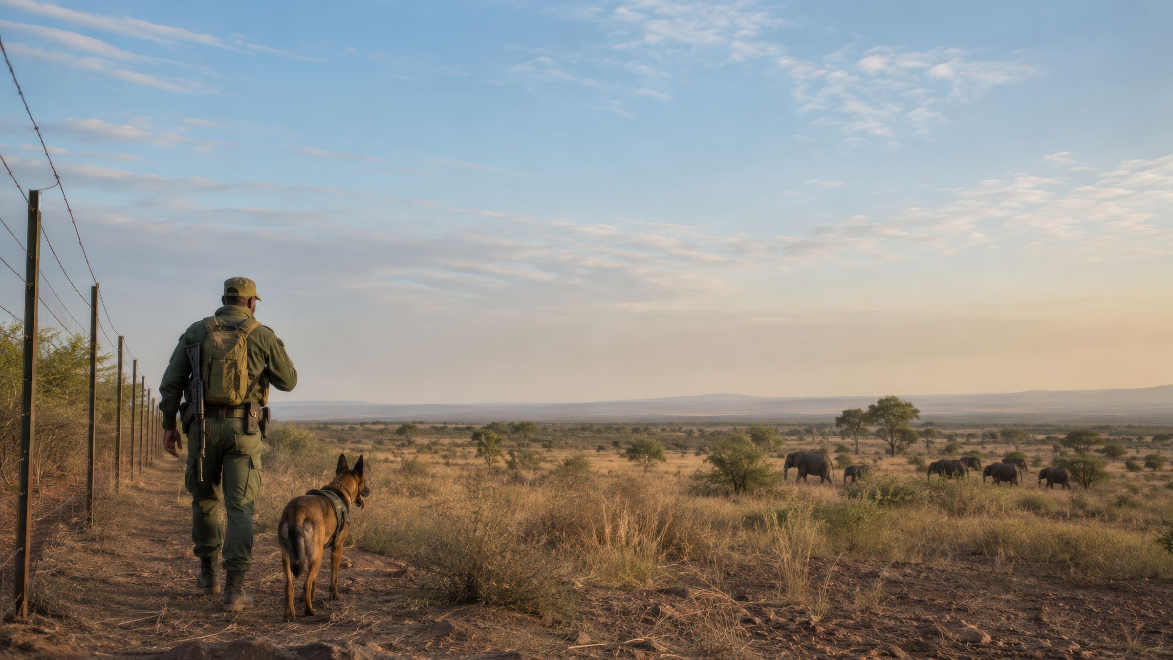 Ranger and dog patrolling a reserve fence line