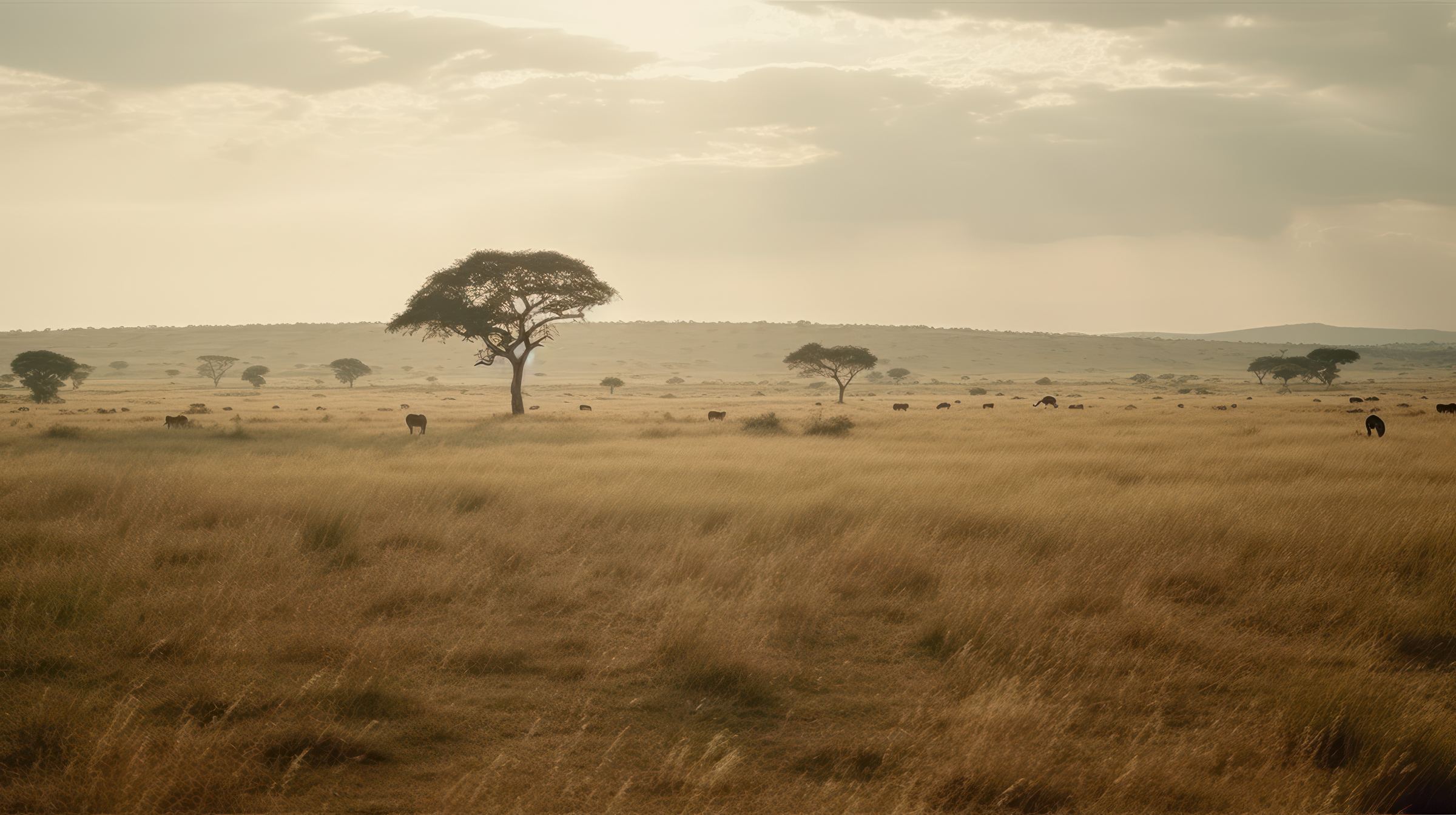 Open savannah at dawn with a lone acacia tree