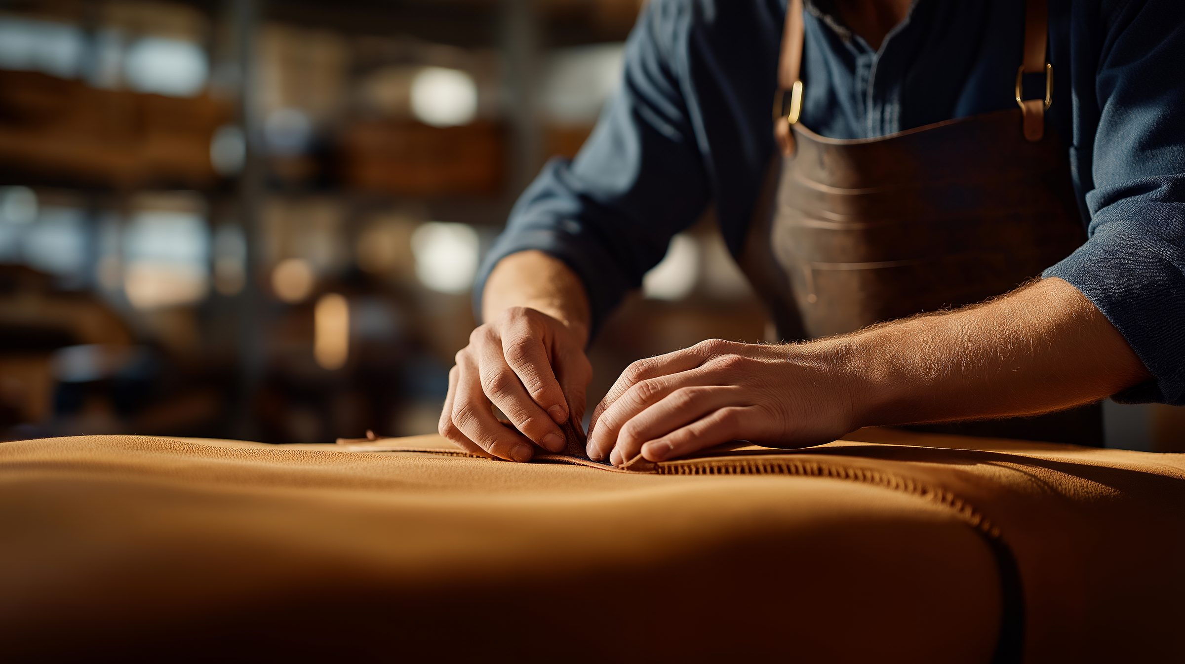 A craftsman stitching leather by hand in a workshop