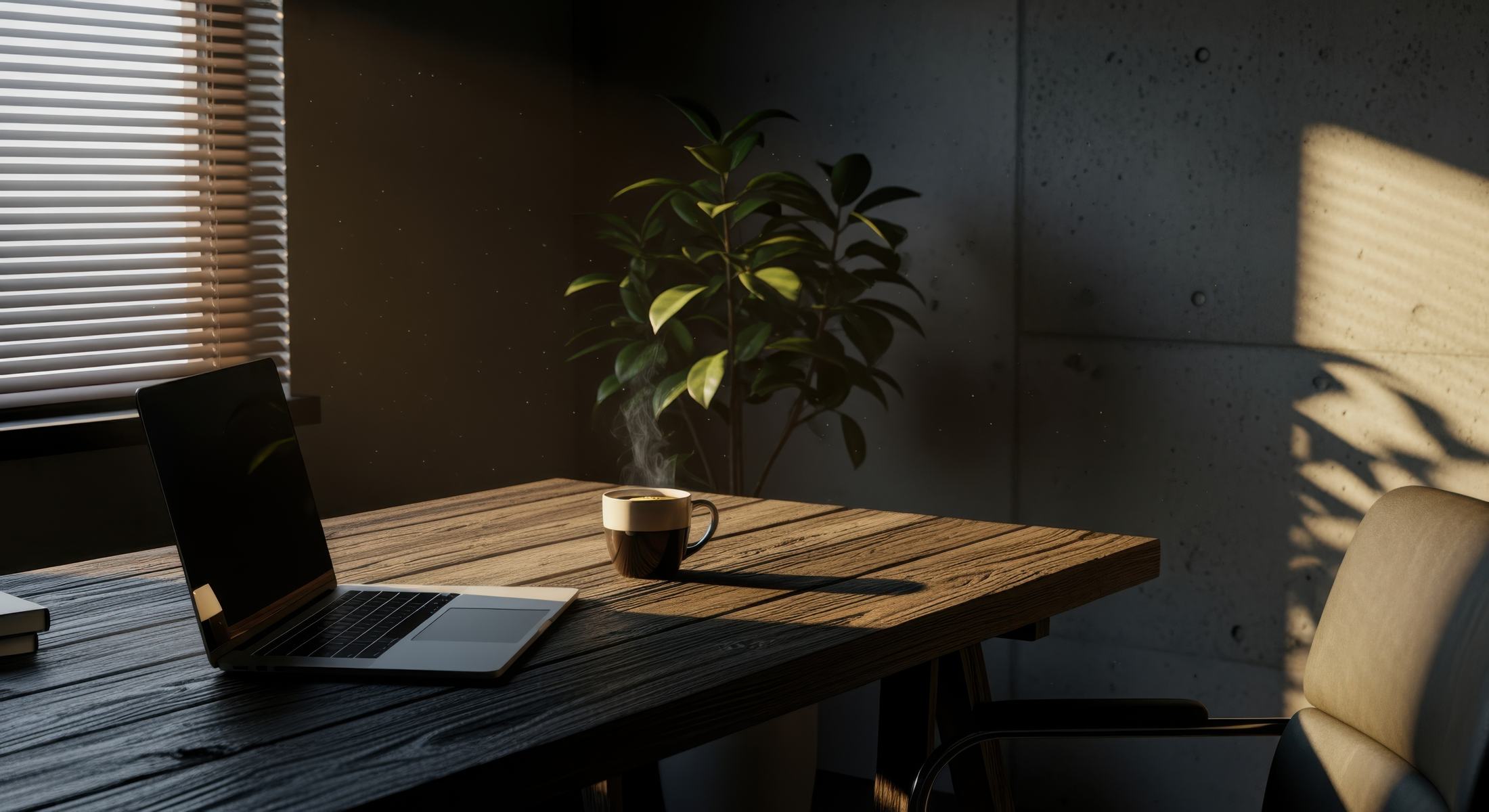 Laptop and coffee on a wooden desk in a quiet office